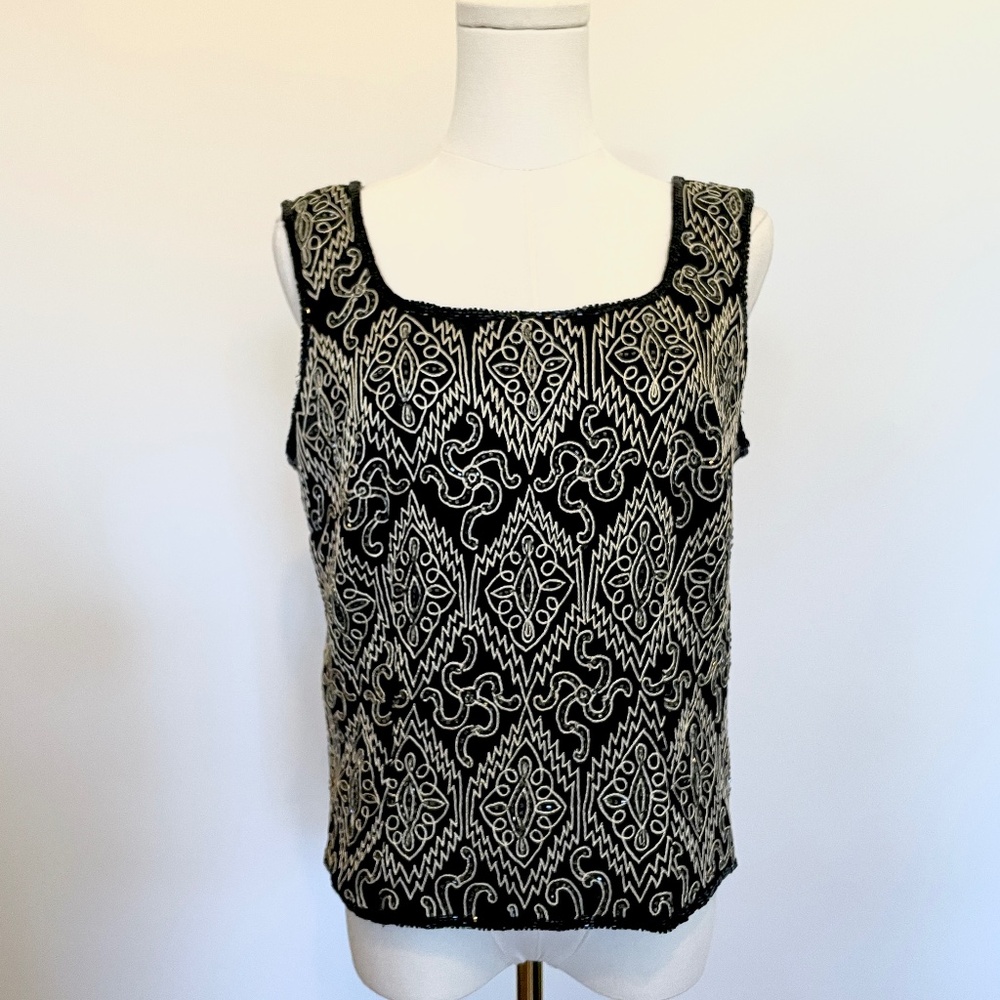 Vintage Stenay Silk Beaded Tank Top Womens L Evening Retro Glam Y2K Whimsigoth